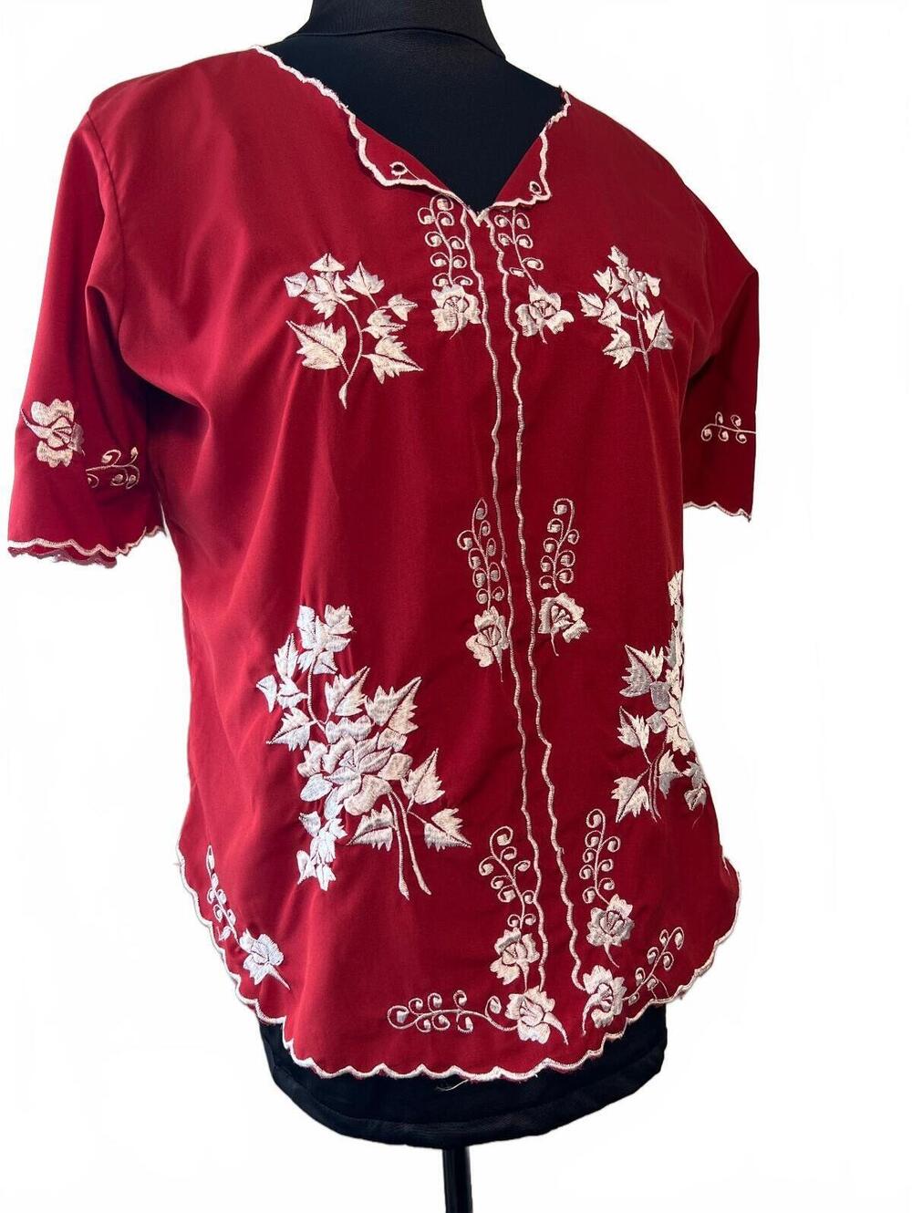 Vintage MenLor Red Embroidered Floral Blouse with Scalloped Edges